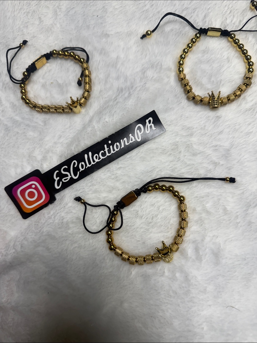 Gold Crown Bead Bracelet with Black Cord -